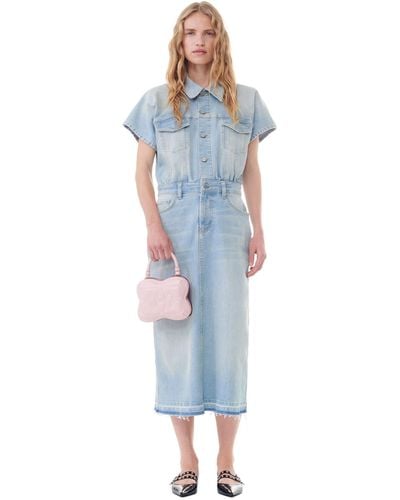 Ganni Tint Wash Blue Denim Midi Dress Size 4 Elastane/organic Cotton
