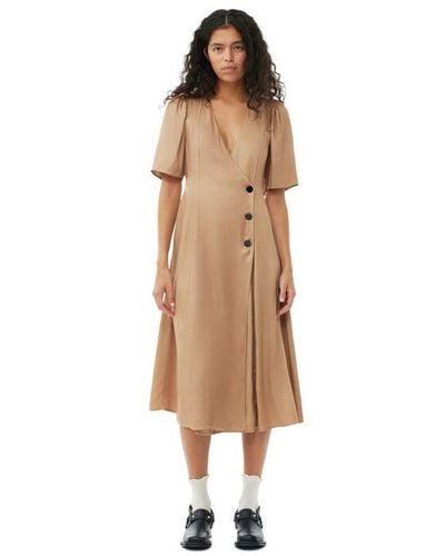 Ganni Brown Viscose Twill Wrap Midi Dress - Natural