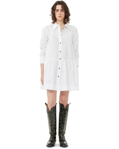 Ganni Long Sleeve Cotton Poplin Mini Shirt Dress - White