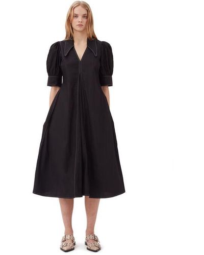 Ganni Cotton Poplin Collar Midi Dress - Black