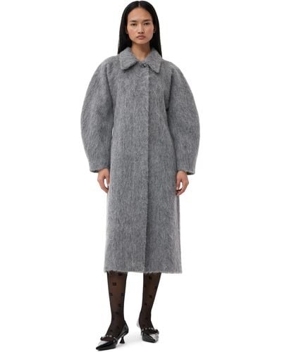 Ganni Grey Fluffy Wool Curved Sleeves Mantel - Grau