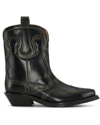 Ganni Low Shaft Embroidered Western Boots - Black