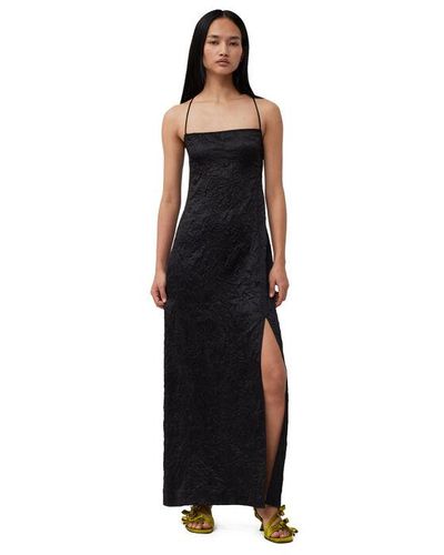 Ganni Black Crinkled Satin Midi Slip Dress Size 4 Elastane/recycled Polyester