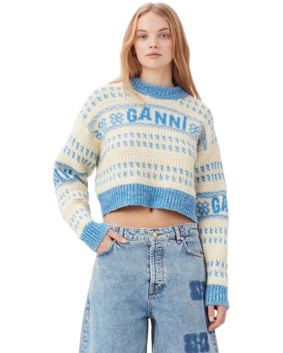 Ganni Blue Lambswool Cropped O-neck Pullover - Blau