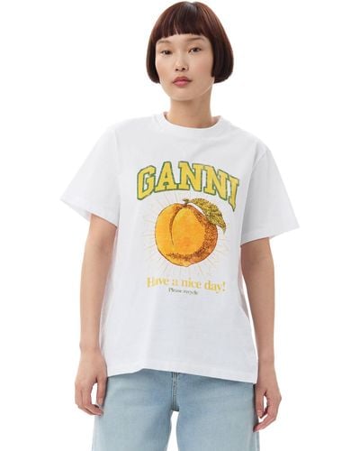 Ganni Lässiges T-Shirt mit Pfirsich-Print - Weiß