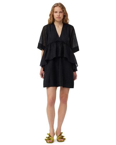 Ganni Black Crinkled Georgette Flounce Mini Dress Size 4 Polyester