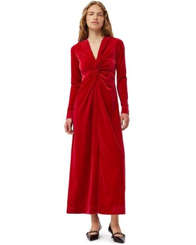 Ganni Savvy Red Red Velvet Jersey Twist Long Dress Size 4 Recycled Polyester/spandex
