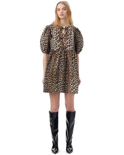 Ganni Leopard Printed Cotton Tie String Mini Dress Size 4 - Natural