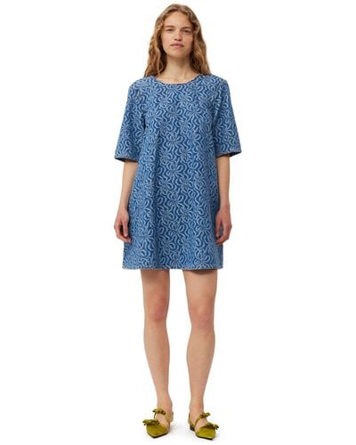 Ganni Blue Jacquard Denim A-line Mini Kleid - Blau