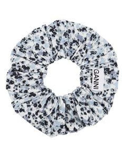 Ganni Blue Floral Printed Cotton Scrunchie - White