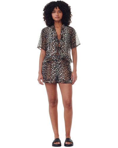 Ganni Leopard Printed Chiffon Ruffle Shorts - Mehrfarbig