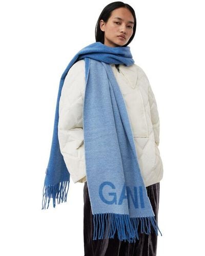 Ganni Light Blue Wool Fringed Scarf