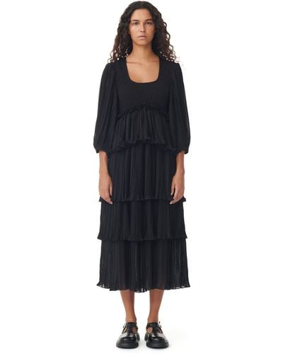 Ganni Robe Black Pleated Georgette Flounce Smock Midi Taille 46 Polyestere Recyclé - Noir
