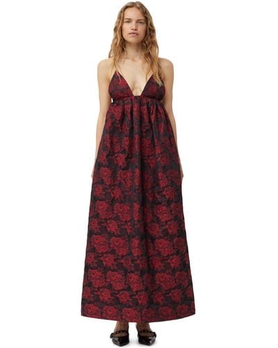 Ganni High Risk Red Botanical Jacquard Long Strap Dress Size 4 Polyamide/polyester