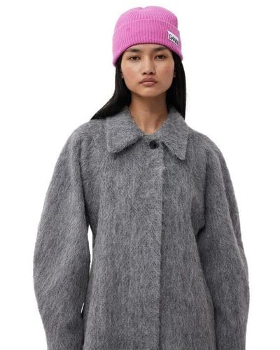 Ganni Pink Fitted Wool Rib Knit Beanie - Gray