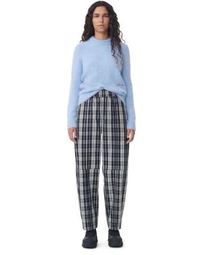 Ganni Checkered Cotton Elasticated Curve Pants - Blue