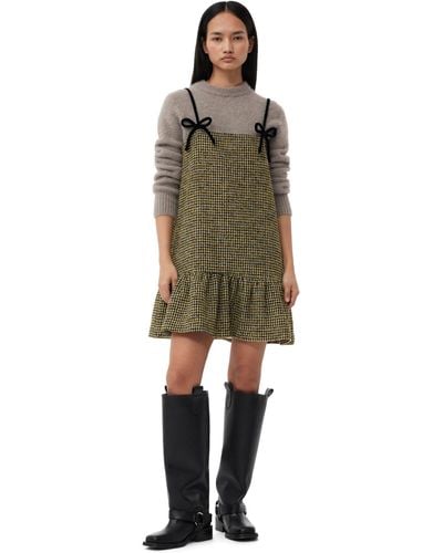 Ganni Checkered Woollen Mini Kleid - Grün