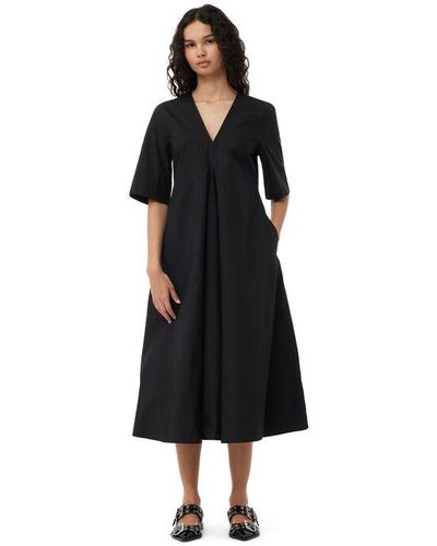 Ganni Short Sleeve Exclusive Black Cotton Poplin Maxi Dress