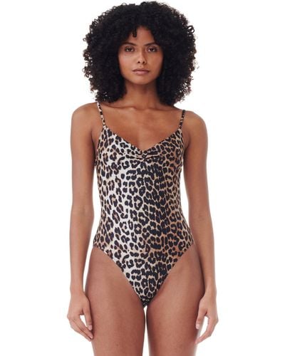 Ganni Leopard Printed V-neck Swimsuit Size 4 Elastane/polyamide - Multicolour