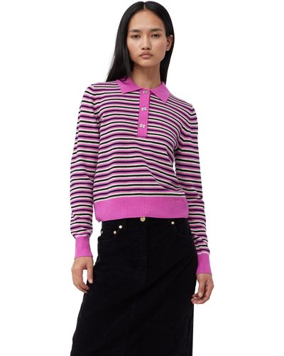 Ganni Striped Cashmere Polo Pullover - Lila