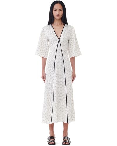 Ganni White Polka Dot Crinkled Satin V-neck Long Dress Size 4 Elastane/polyester