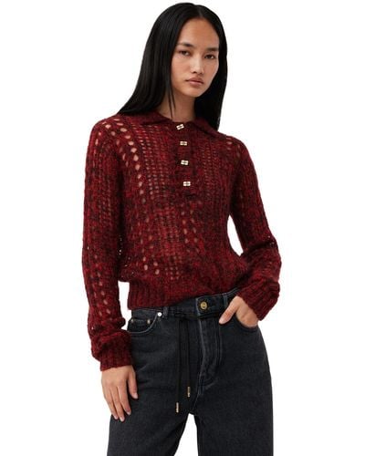 Ganni Pull Red Mohair Lace Polo - Rouge