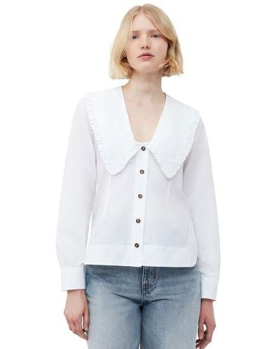 Ganni Long Sleeve Cotton Poplin V-neck Frill Collar Shirt - White