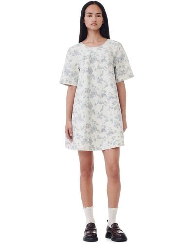 Ganni Tofu Floral Printed Denim Open Back Mini Dress Size 4 Organic Cotton - White