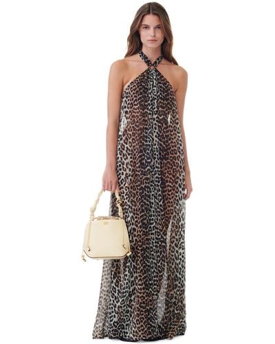 Ganni Leopard Printed Light Chiffon Halterneck Long Dress Size 6 Polyester - Multicolour