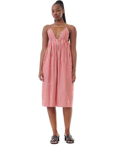 Ganni Red Stripe Cotton Strap Midi Dress