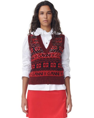 Ganni Red Sequins Logo Wool Mix Weste - Rot