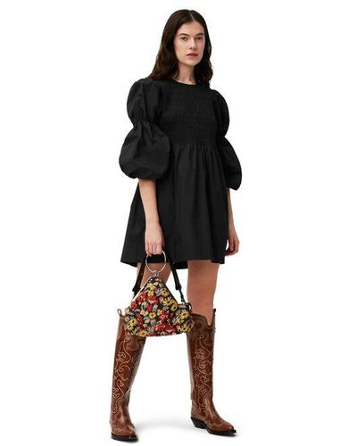 Ganni Poplin Smock Mini Dress - Black