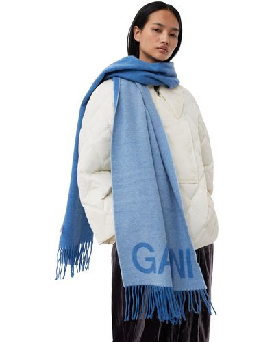 Ganni Écharpe Light Blue Wool Fringed - Bleu