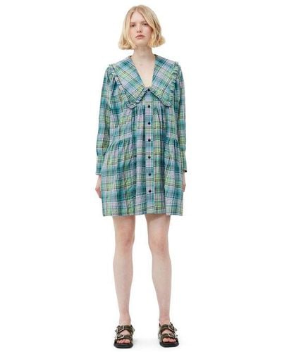 Ganni Lagoon Long Sleeve Seersucker Check Wide Shirt Mini Dress Size 6 Organic Cotton/polyamide/polyester - Blue