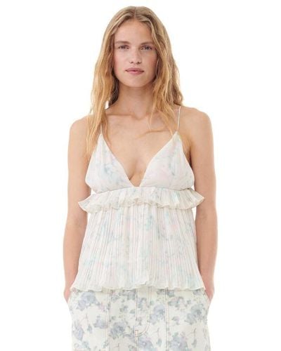 Ganni Floral Printed Pleated Georgette Strap Top - White
