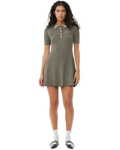 Ganni Safari Brown Melange Knit Short Sleeve Mini Dress Size 2xs Elastane/polyamide/rayon - Green