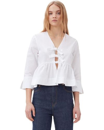 Ganni White Cotton Poplin Tie String Peplum Blouse