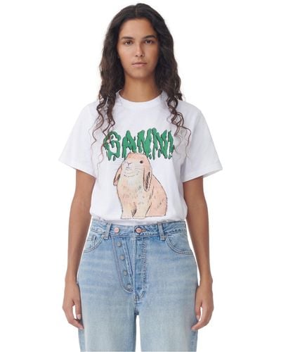Ganni White Graphic Bunny Jersey T-shirt Taille S Coton/Coton Biologique Short Sleeved - Bleu