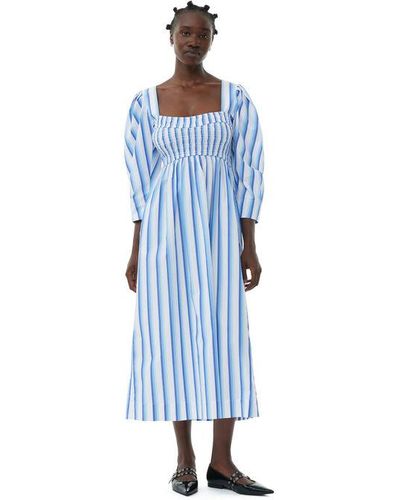 Ganni Blue Striped Cotton Smock Long Dress
