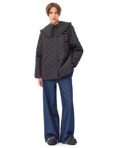 Ganni Long Sleeve Quilted Coat - Blue