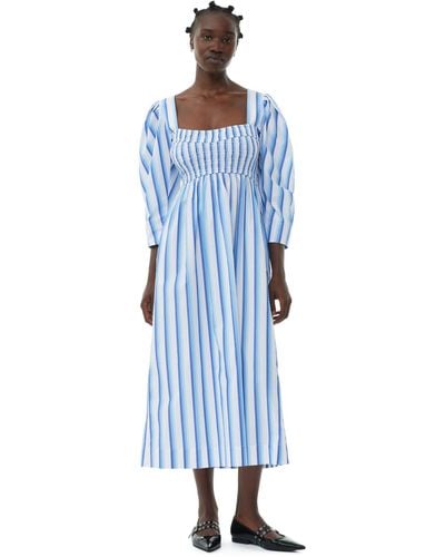 Ganni Blue Striped Cotton Smock Long Kleid - Blau