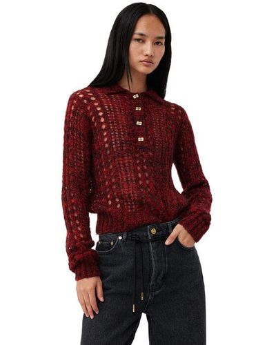 Ganni Red Mohair Lace Polo Sweater