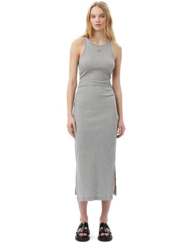 Ganni Grey Soft Cotton Rib Tank Top Long Kleid - Mehrfarbig