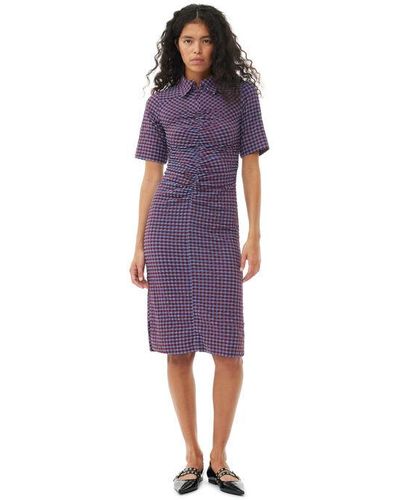 Ganni Checkered Stretch Seersucker Fitted Dress - Purple
