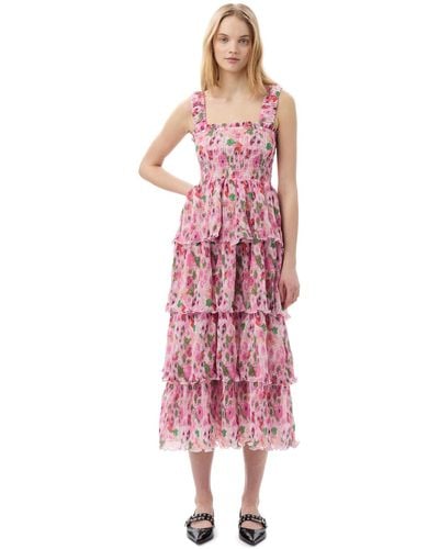 Ganni Sugar Plum Pleated Georgette Smock Midi Dress Size 4 Polyester - Pink