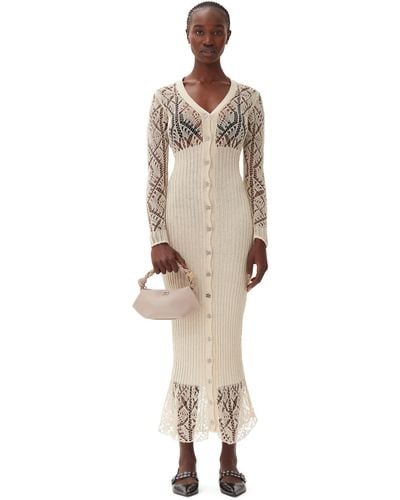 Ganni Beige Cotton Lace Button Down Maxi Dress - Natural