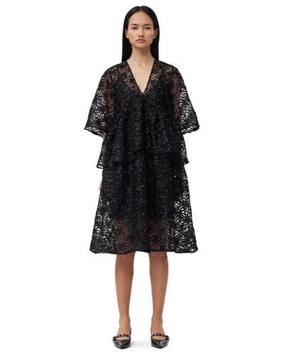 Ganni Black Ribbon Tulle Flounce Midi Dress Size 4 Polyester