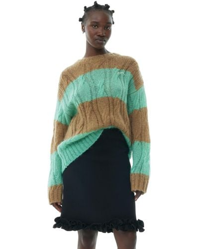 Ganni Striped Mohair Cable O-neck Jumper - Green