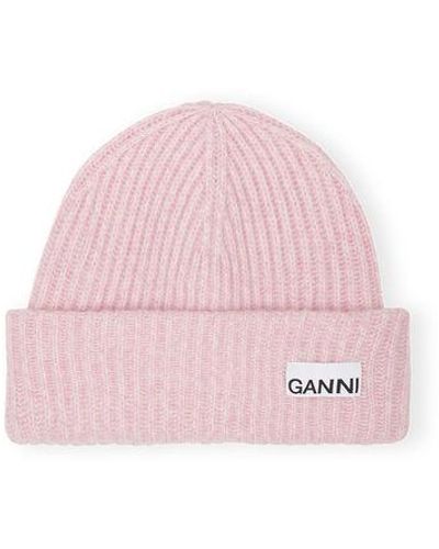 Ganni Light Pink Fitted Rib Knit Wool Beanie