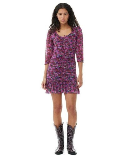 Ganni Floral Mesh Flounce Ruched Mini Dress - Purple